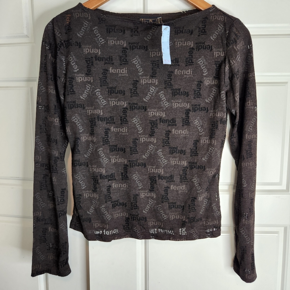 FENDI Vtg Y2K 2001 Brown tissue SHEER LOGO top blouse see through size XS SMALL